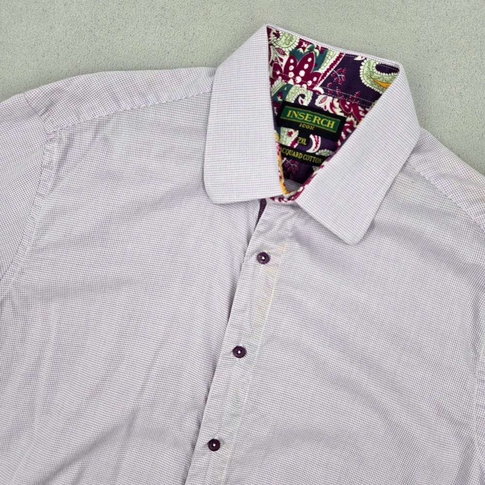 Inserch Mens 2XL Short Sleeve Button Up Jacquard Cotton Purple Paisley Trim